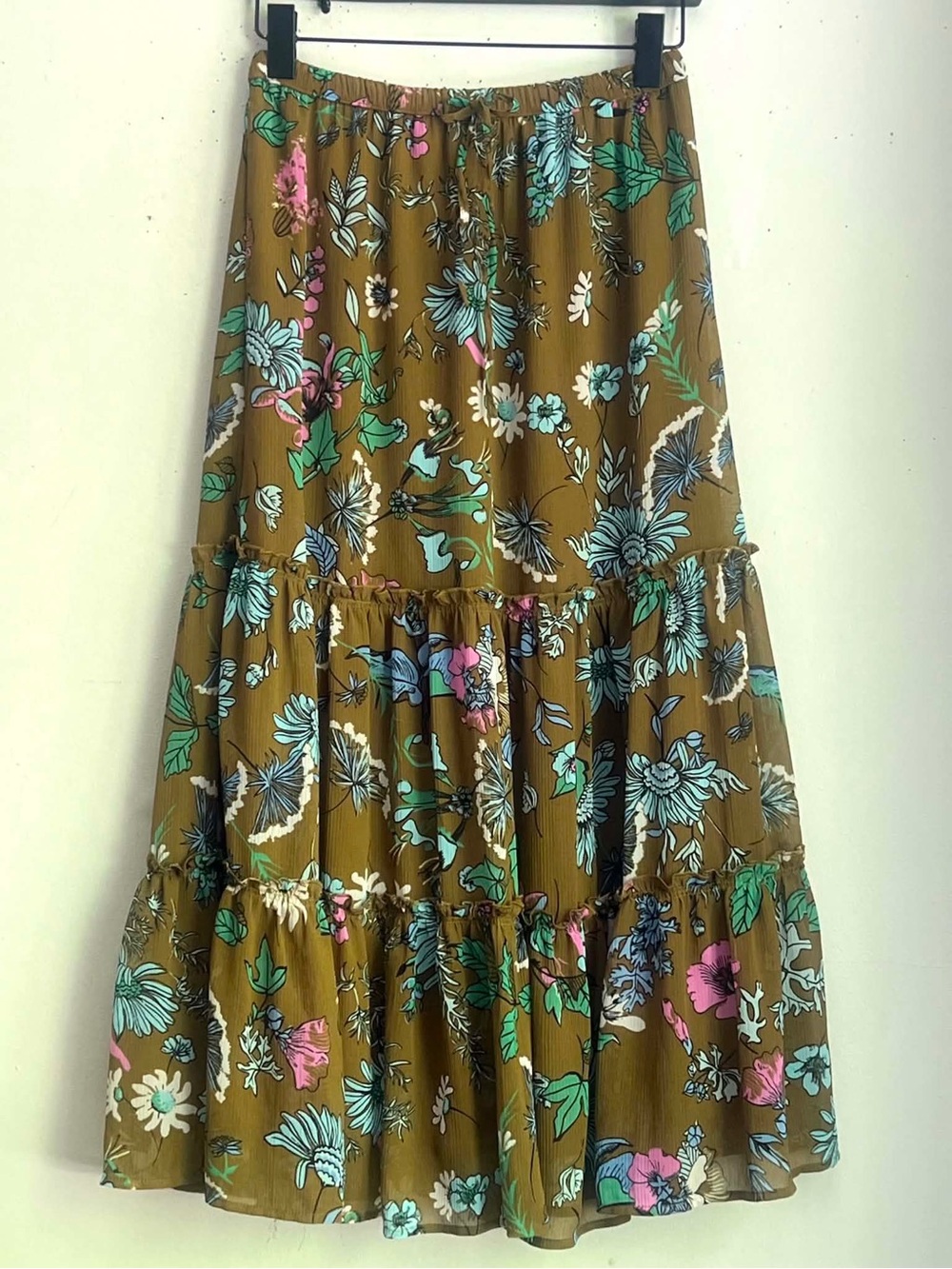 aerie Olive Green Floral Tiered Maxi Skirt with Pink & Blue Accents